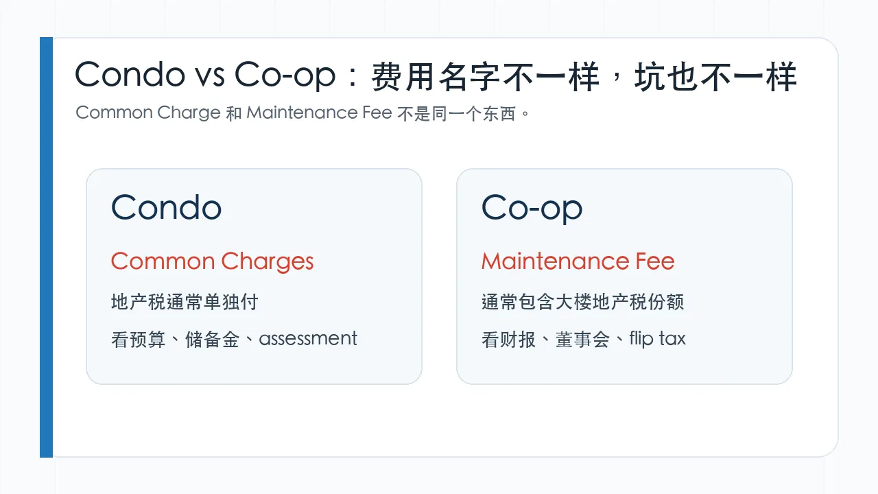 纽约 Condo 和 Co-op 费用结构对比图