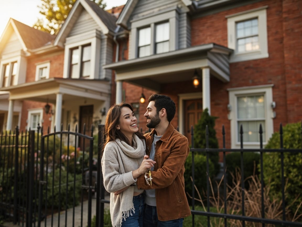 亚洲夫妇在纽约独栋房前手持钥匙