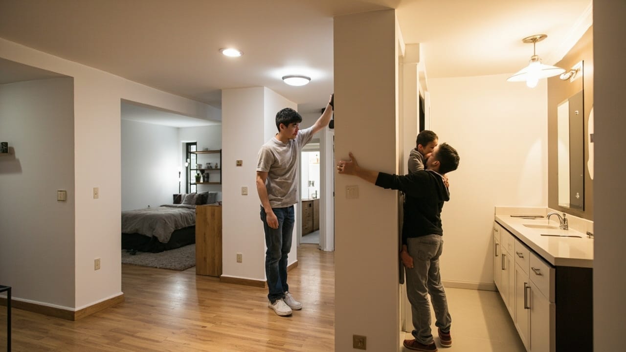 亚洲家庭居住在改造后的地下室公寓，温馨舒适的生活空间