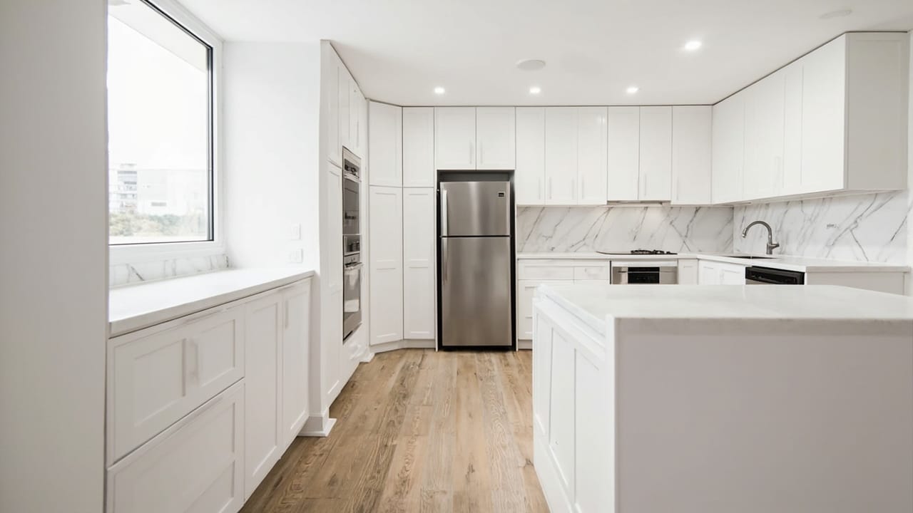 翻新后的地下室完整厨房，配备现代化设施