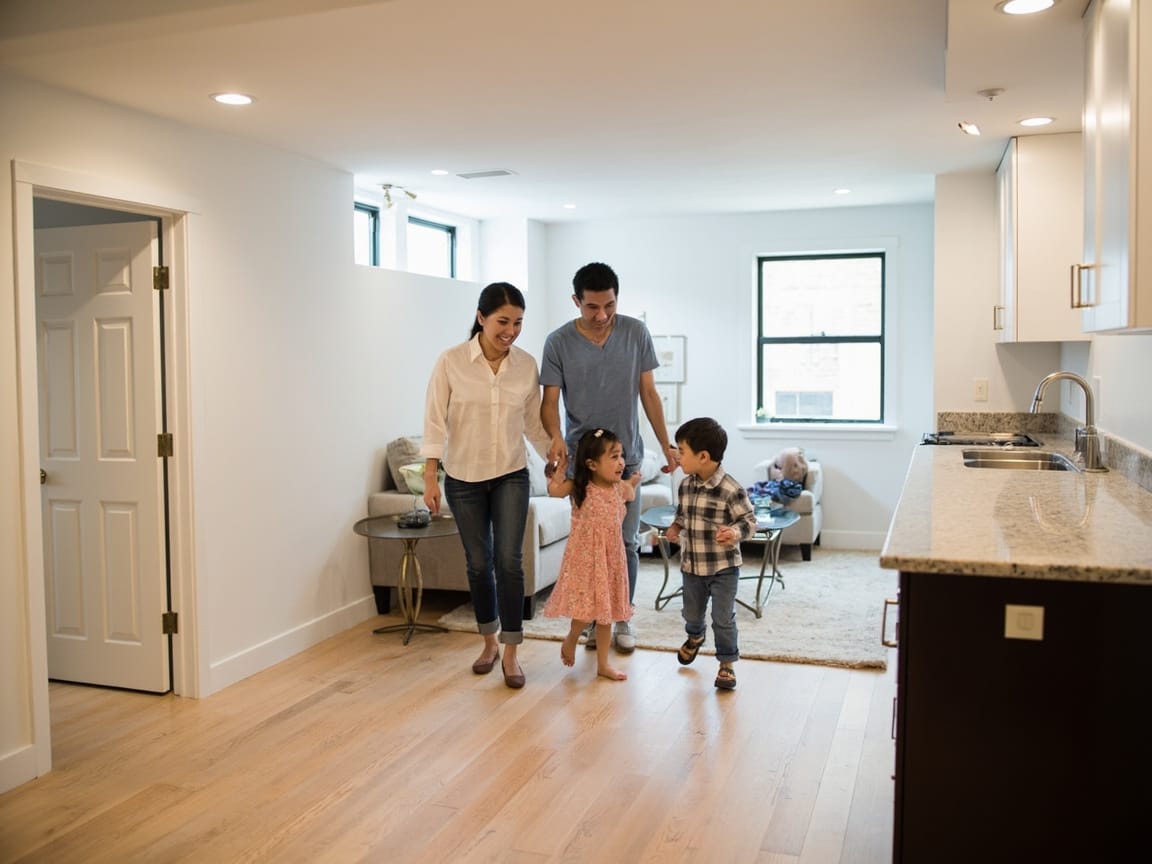 纽约地下室装修，亚洲家庭在装修好的地下室客厅