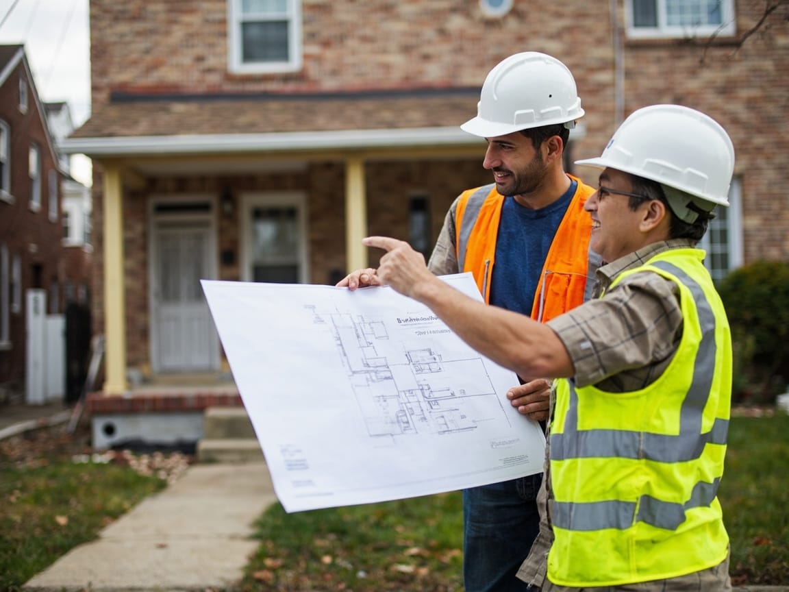 持证承包商与华裔屋主审查装修蓝图