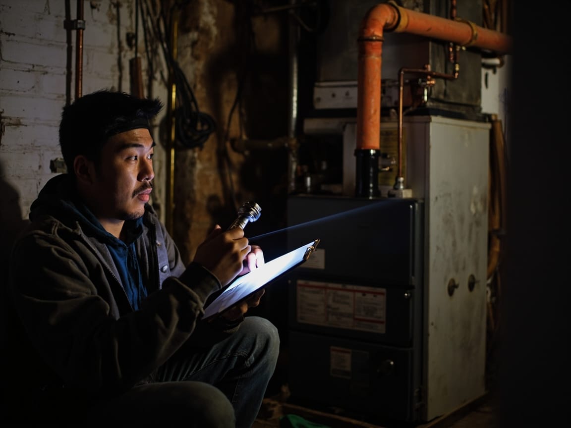 暖通技师检查老旧锅炉系统，纽约许多房屋的HVAC系统已超过20年未更新