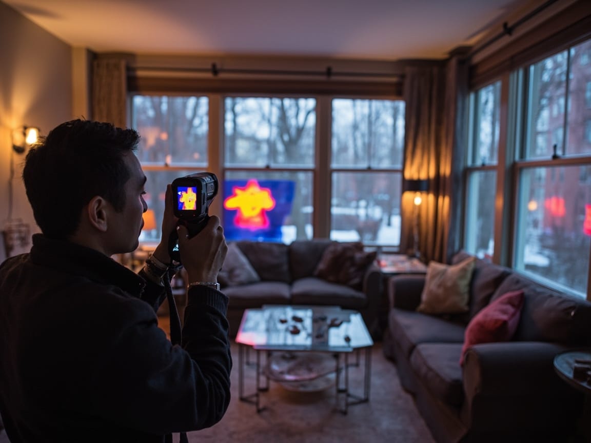 热成像检测显示窗户热量流失，红黄色区域为热量散失点