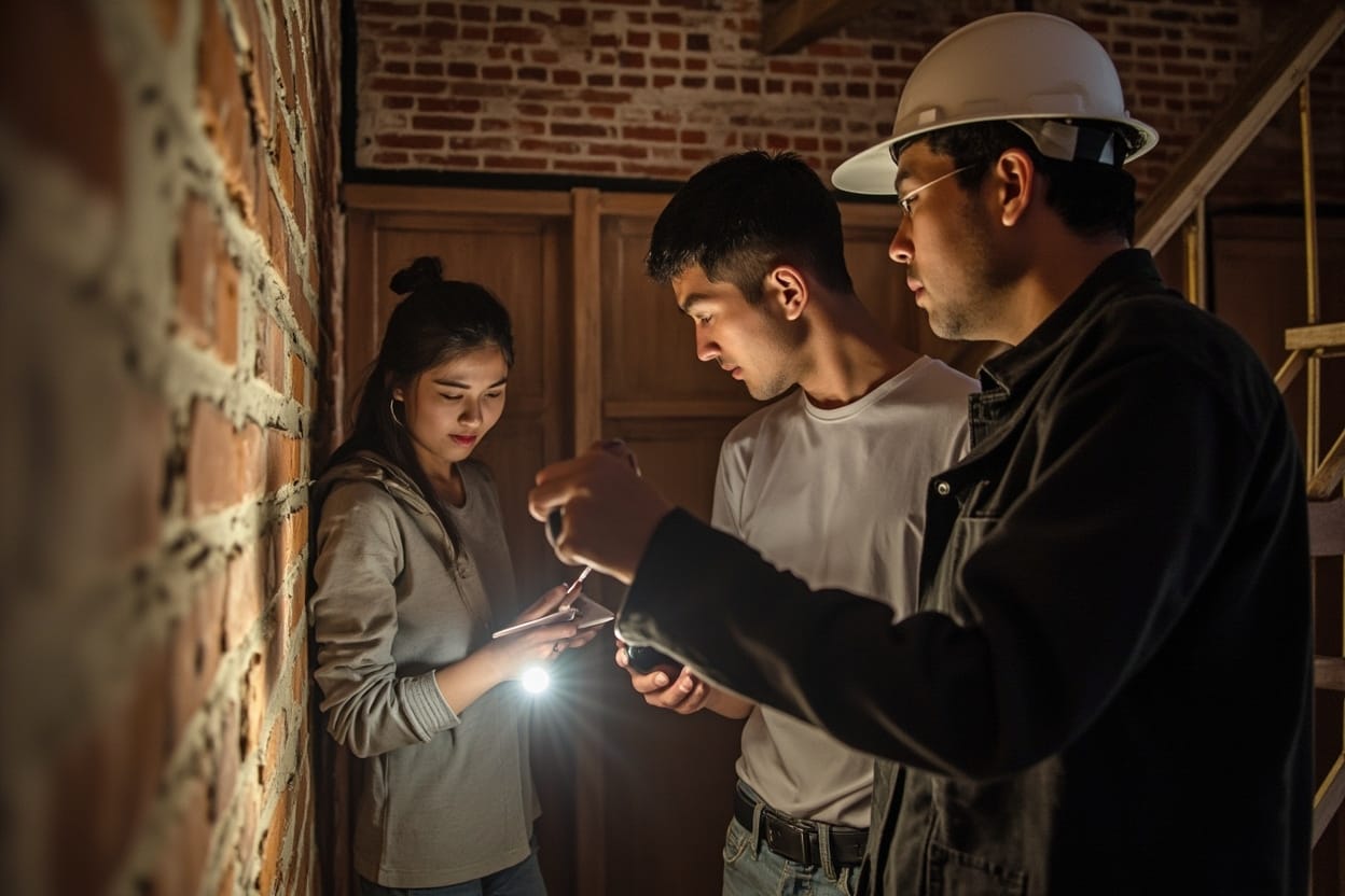 亚洲夫妇在纽约专业验房，检查地下室结构问题