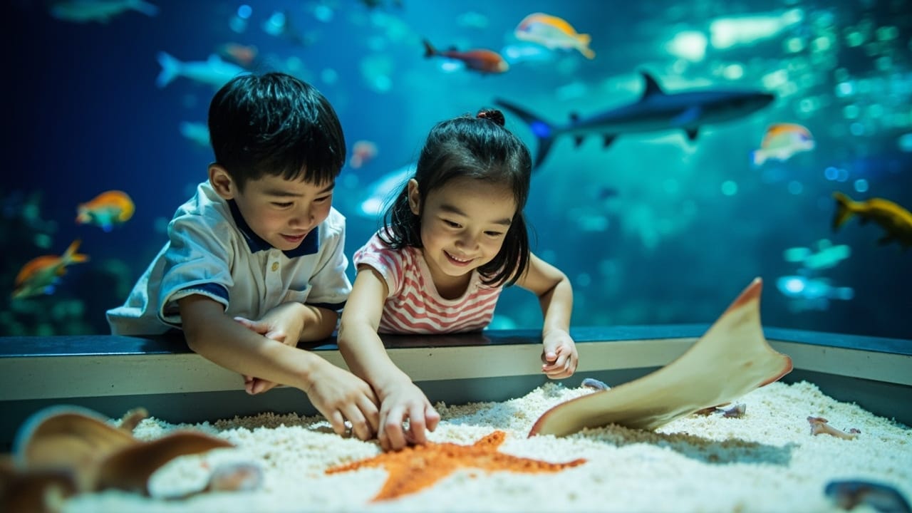 華人孩子在奧杜邦水族館觸摸池觸摸海星