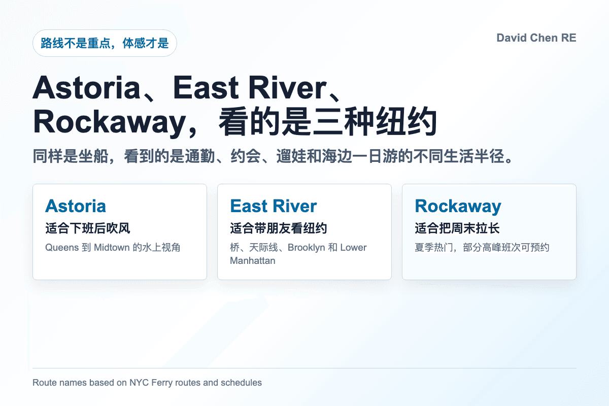 Astoria、East River、Rockaway，看的是三种纽约：同样是坐船，看到的是通勤、约会、遛娃和海边一日游的不同生活半径。