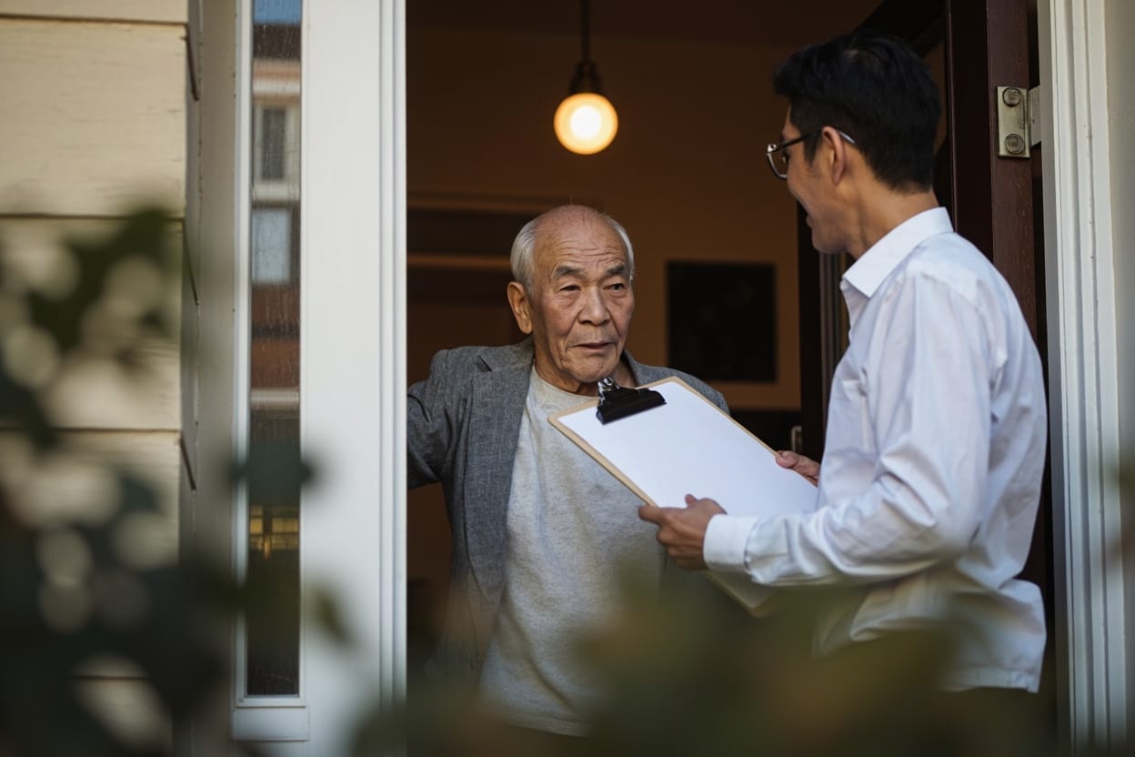 经纪人把 listing agreement 合同递给屋主在门口