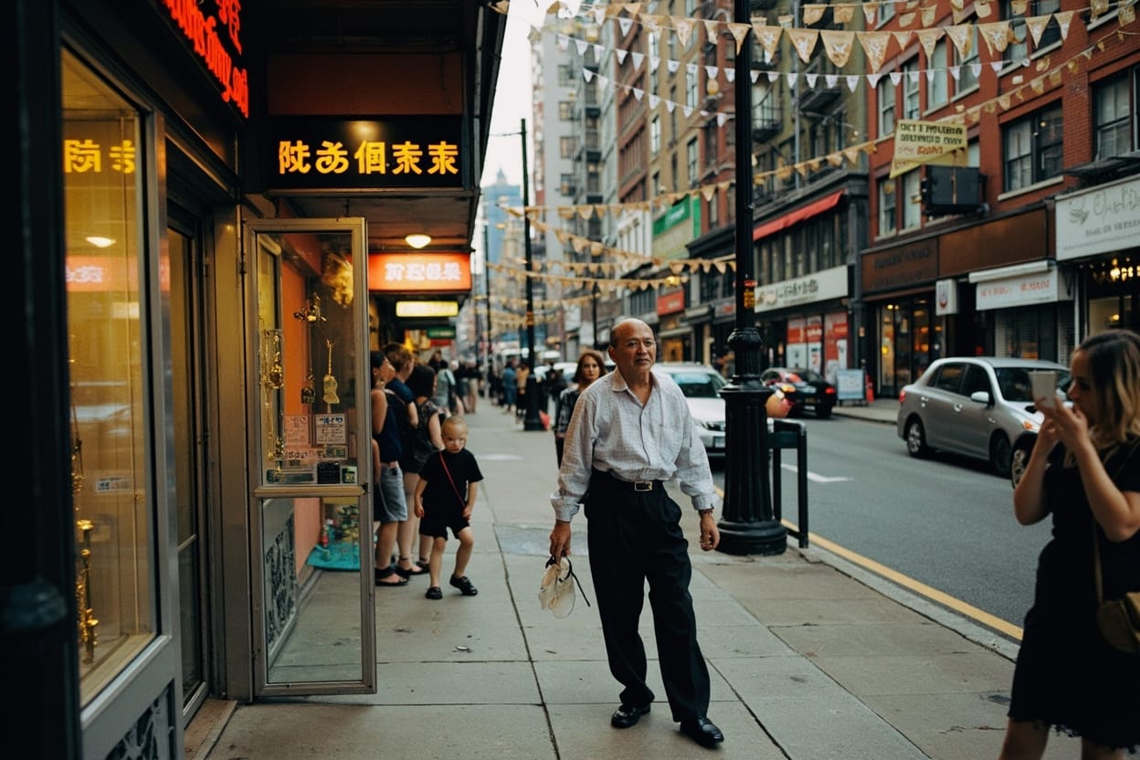 法拉盛父亲节前一周主街街景，珠宝店和华人律师事务所门庭若市