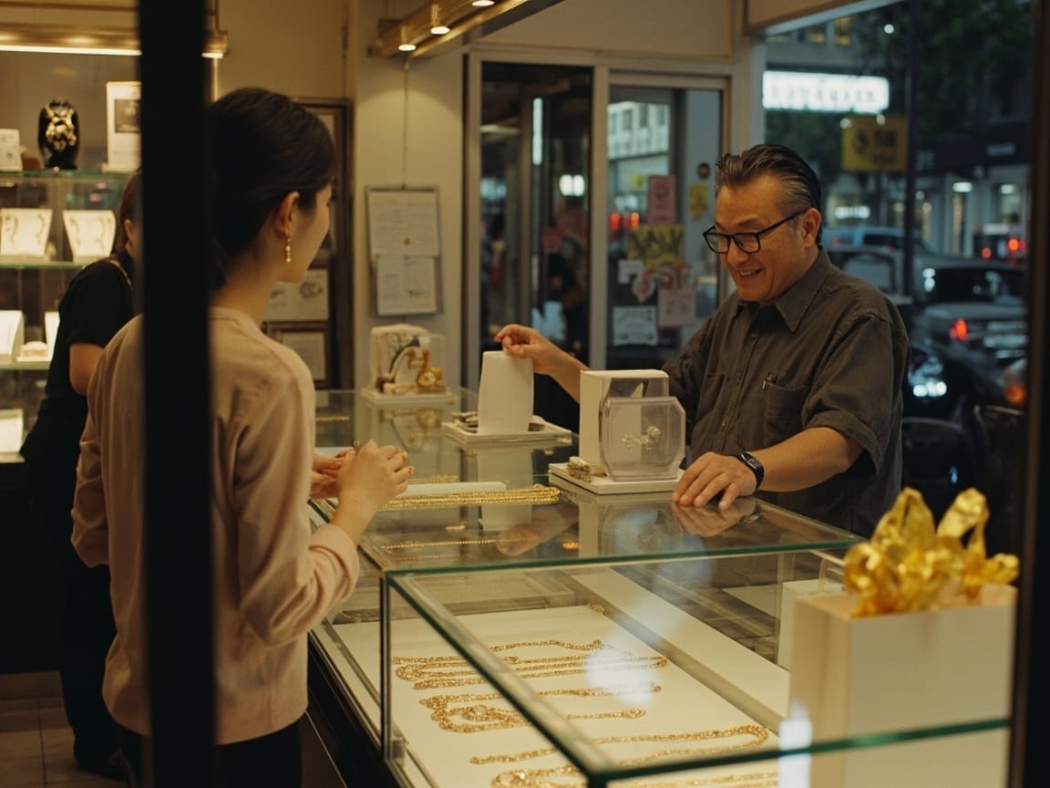 法拉盛金店柜台前，华人年轻人在父亲节前给爸爸挑金饰