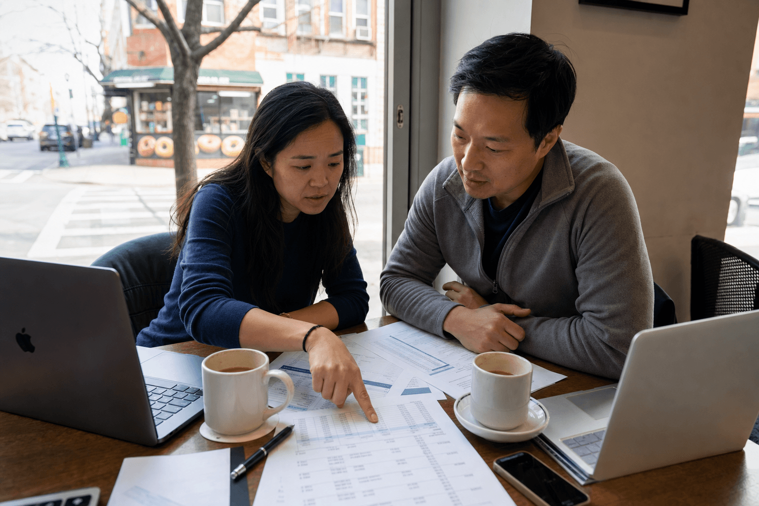 一对 30 多岁的华人夫妇在法拉盛缅街咖啡店，桌上摊着 bridge loan 的 amortisation schedule 和一份成本对比表，窗外能看到 Queens 街景和 bagel 店
