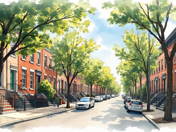 纽约皇后区联排两家庭住宅街景插画，水彩风格
