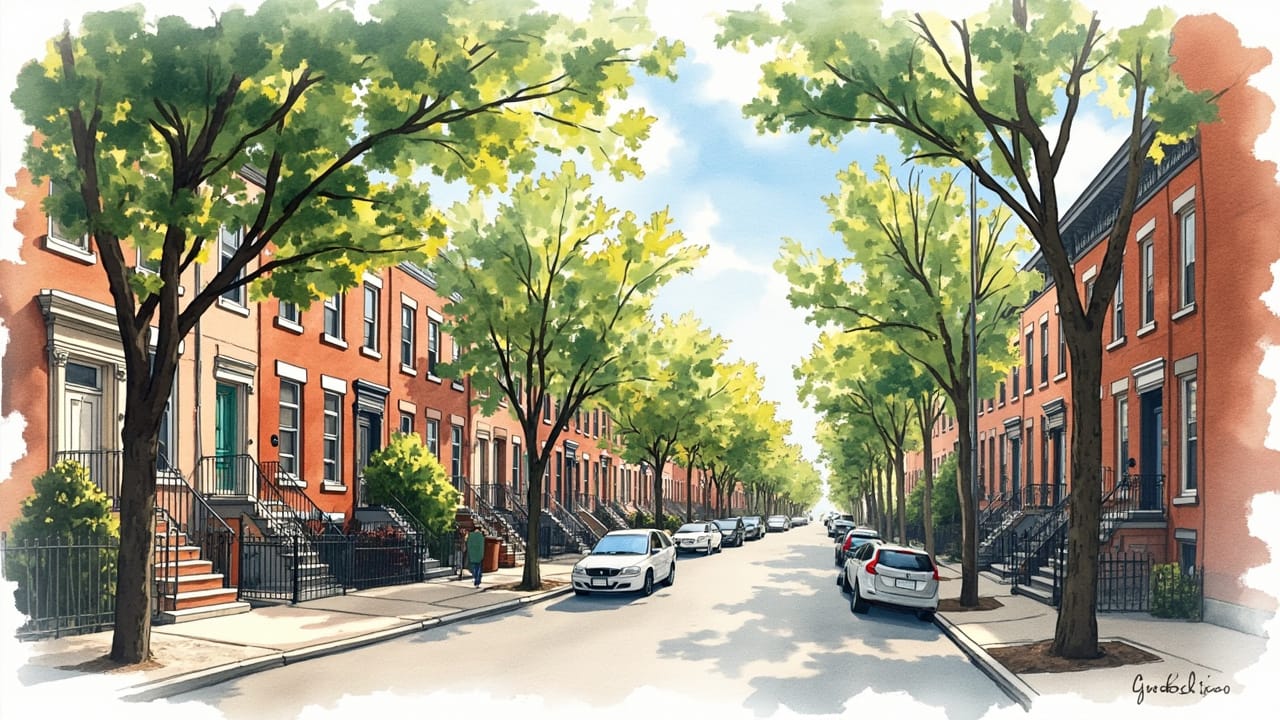 纽约皇后区联排两家庭住宅街景水彩插画