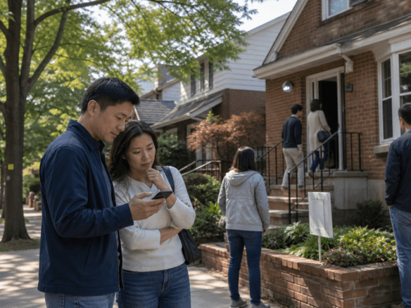 纽约 Queens 住宅 open house 门口，买家拿着手机复盘房源，提醒离开现场后先判断再加价。