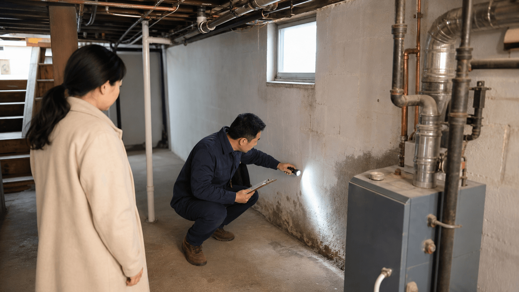 拟真场景示意：验屋人员在老房地下室用手电查看墙面潮痕和管线，买家在旁边观察风险。