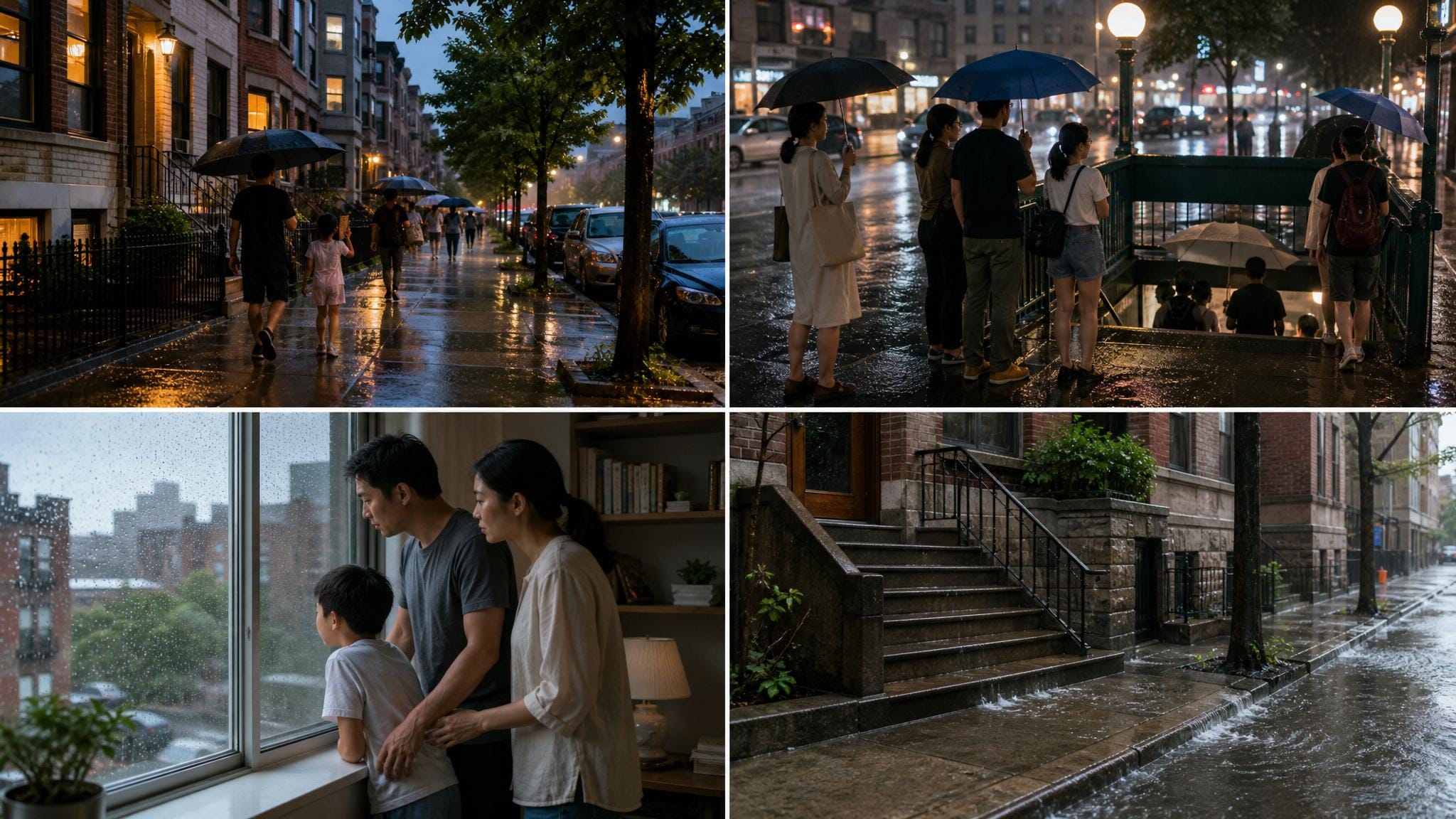 AI 示意图：纽约住宅门口台阶与雨水排水细节