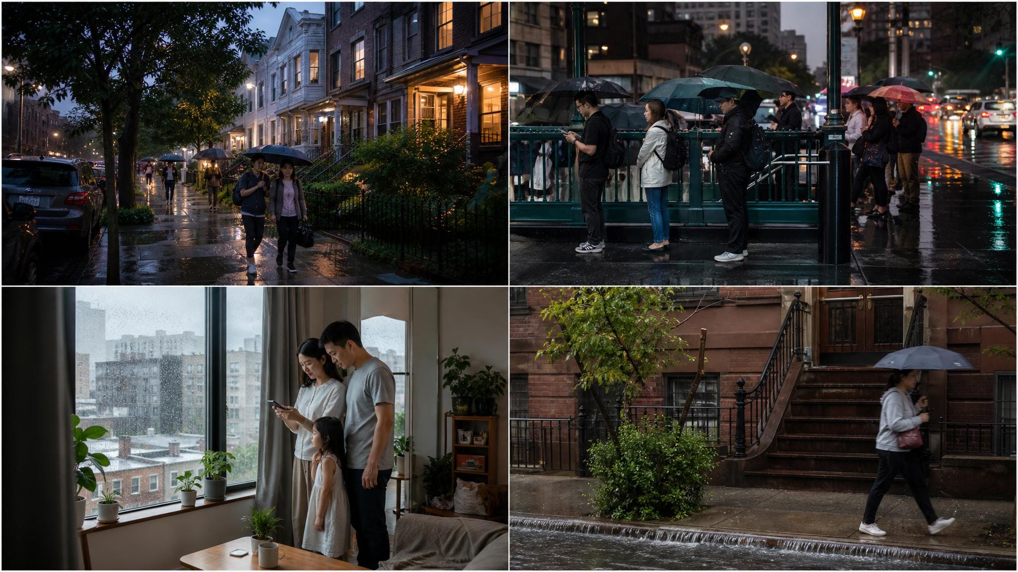 AI 示意图：纽约家庭雨天生活与接送出行安排