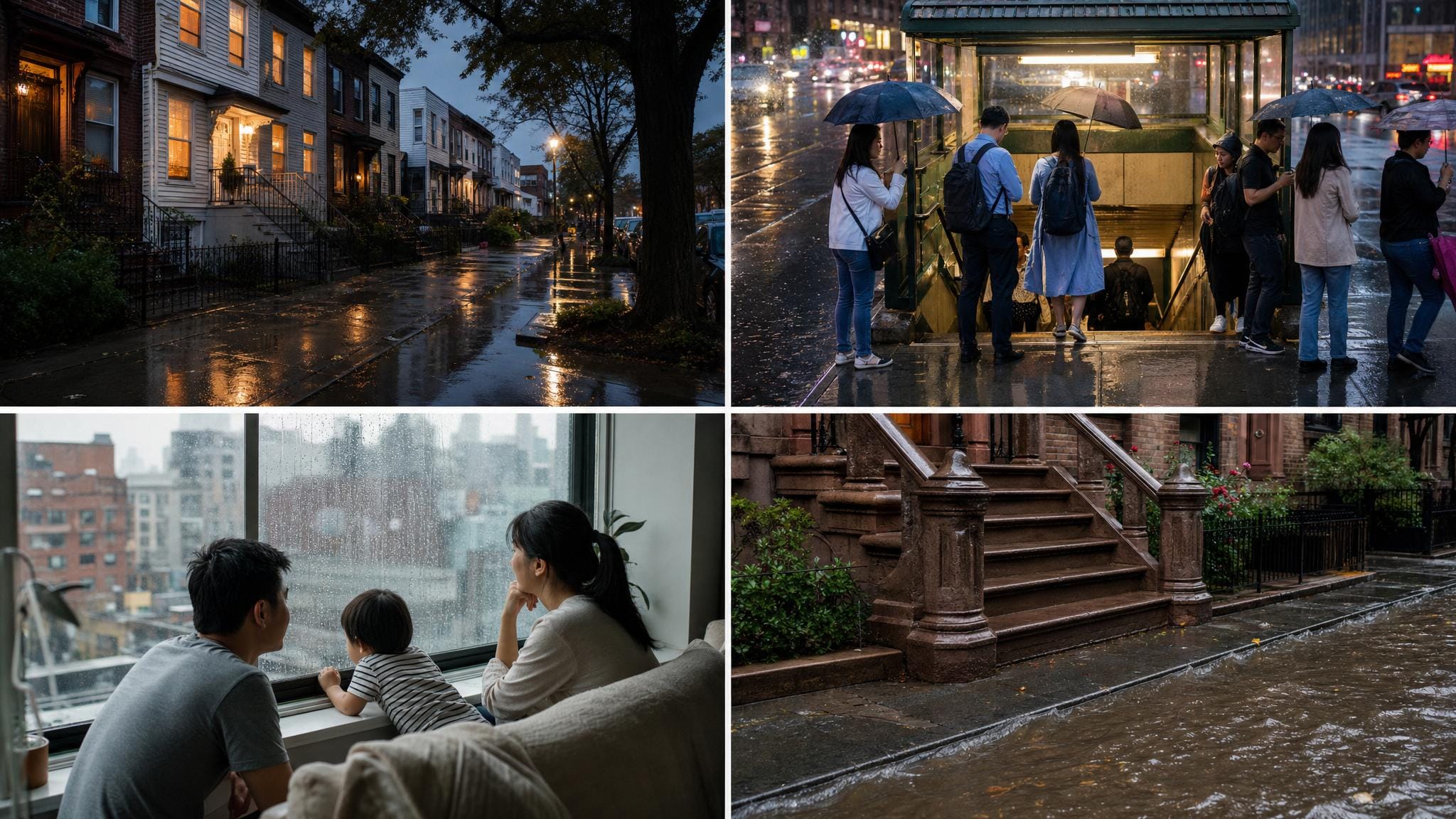 AI 示意图：纽约雨天通勤与地铁入口场景