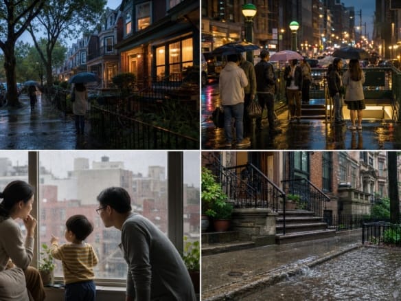 AI 示意图：夏雨中纽约住宅街和人行道积水观察