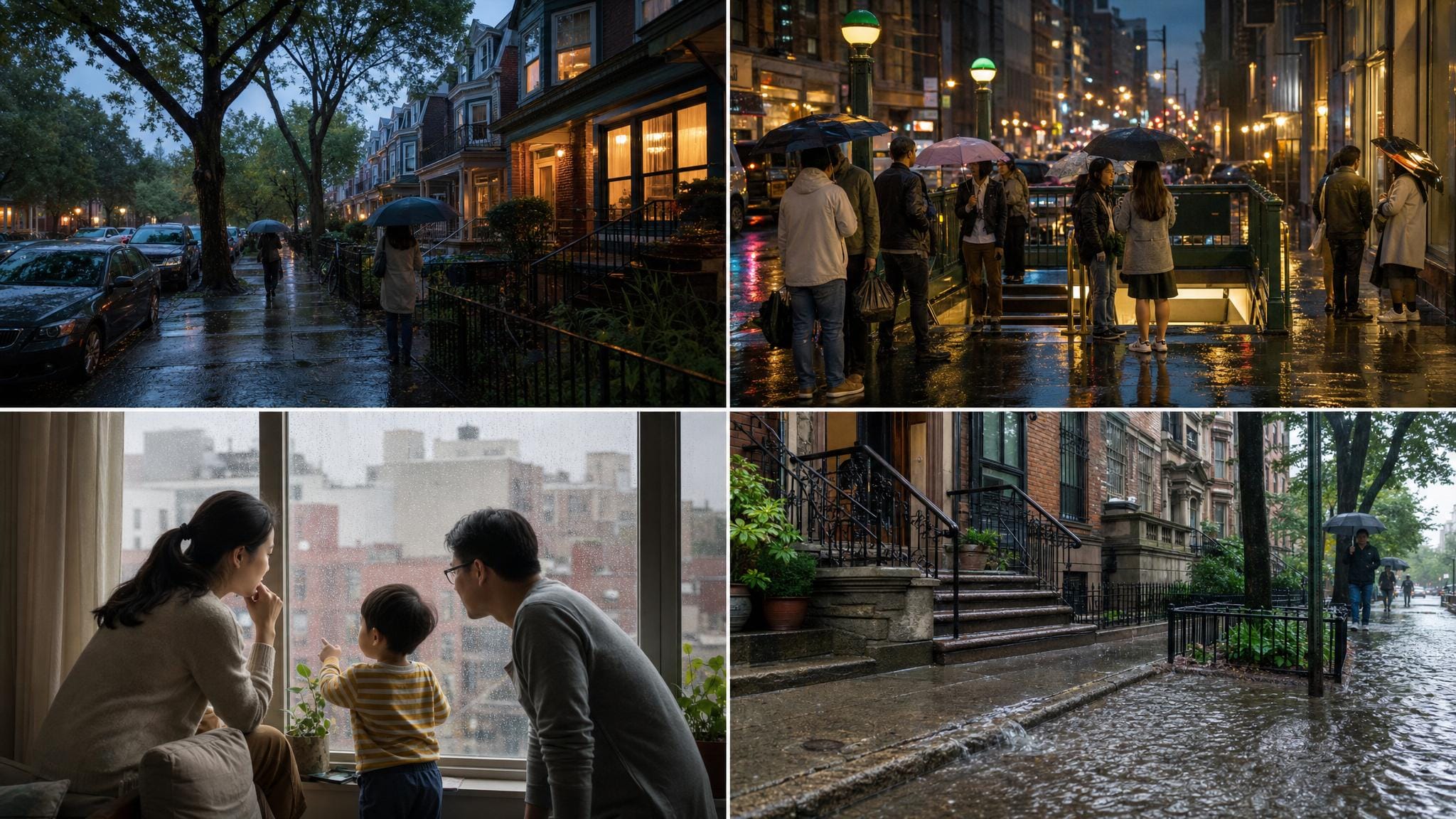 AI 示意图：夏雨中纽约住宅街和人行道积水观察