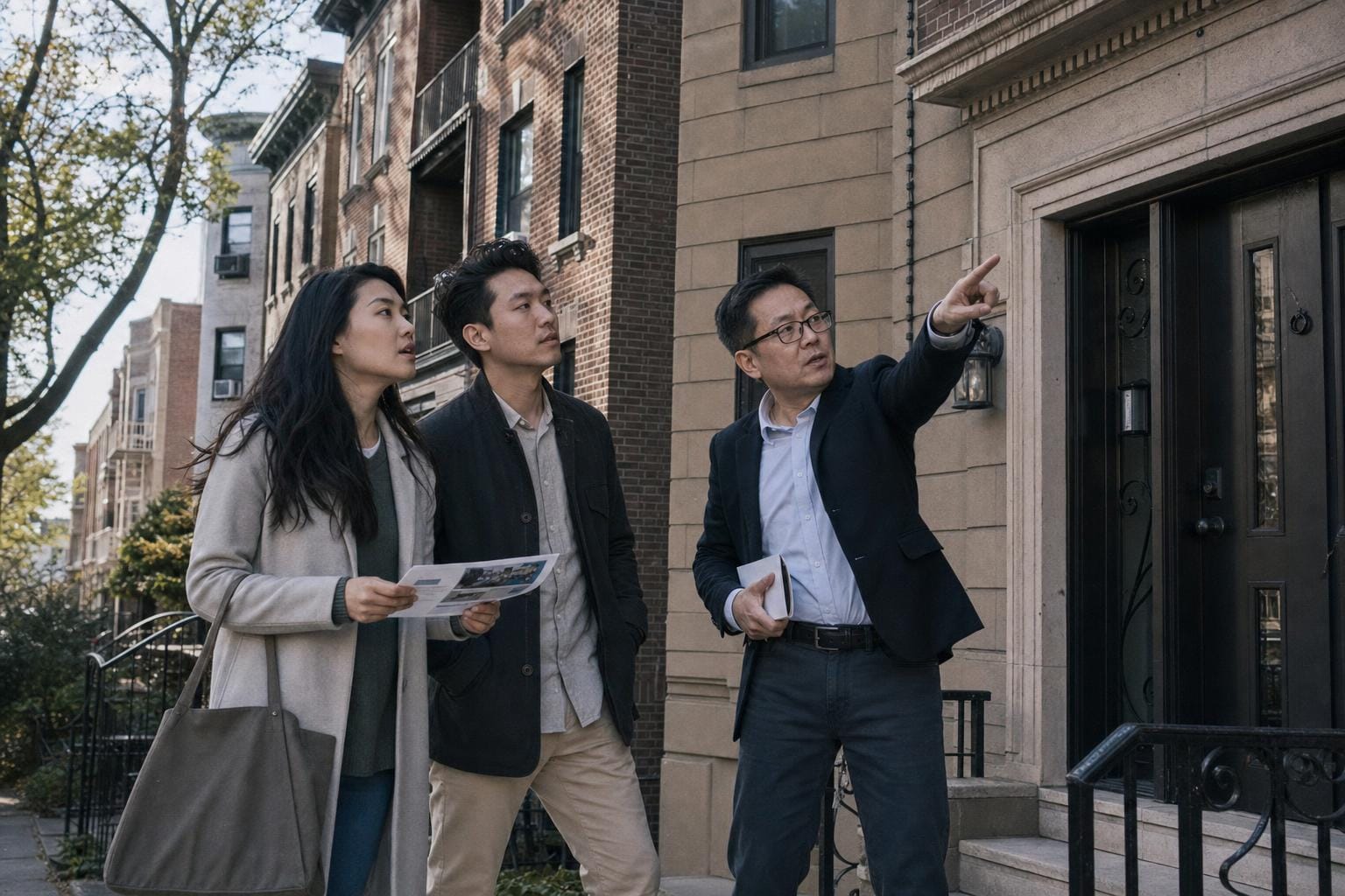 AI 示意图：一对 30 岁出头的华裔夫妻在 Bayside 一栋 multi-family 楼前看房，agent 指着外立面讲解