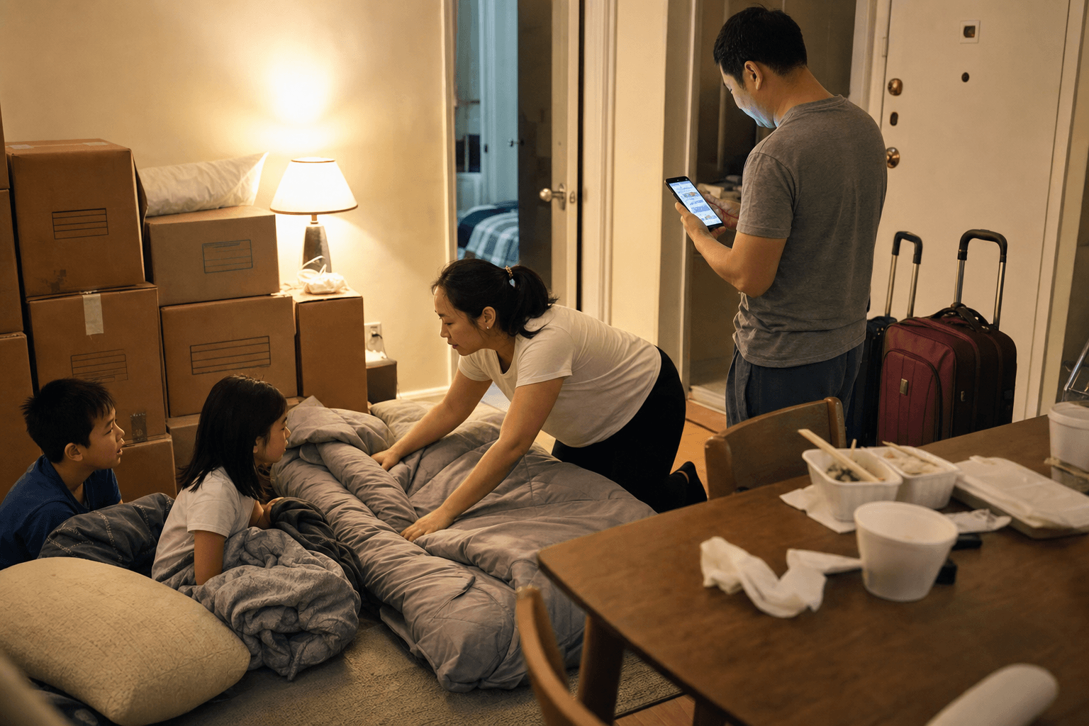 一个四口华人家庭挤在 Bayside 一套 2 房短租公寓里，墙边堆着搬家箱，母亲在铺孩子的折叠床，父亲在看手机上的房源 app，桌上是外卖盒