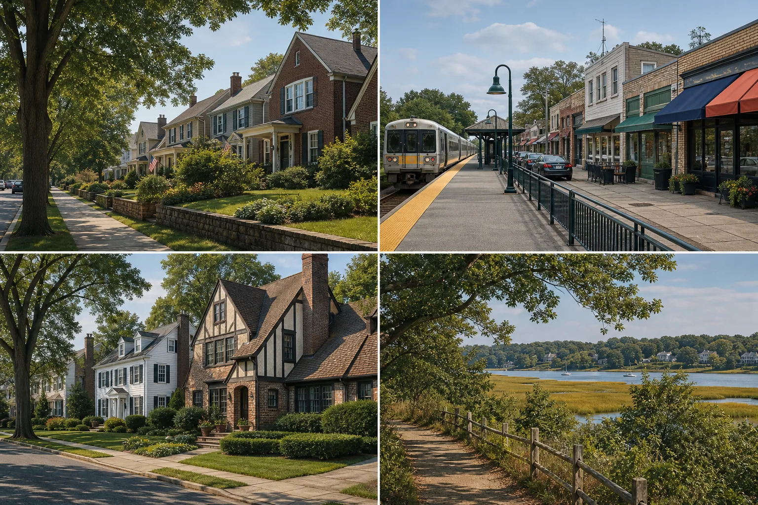 Douglaston四种生活场景拼接：林荫住宅、LIRR车站、历史房屋和湿地步道