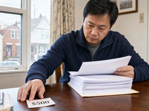 纽约屋主查看厚厚的房屋状况披露资料，桌上的500美元credit纸条已经不能作为跳过表格的捷径