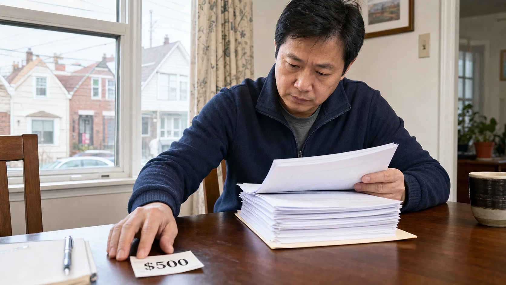 纽约屋主查看厚厚的房屋状况披露资料，桌上的500美元credit纸条已经不能作为跳过表格的捷径