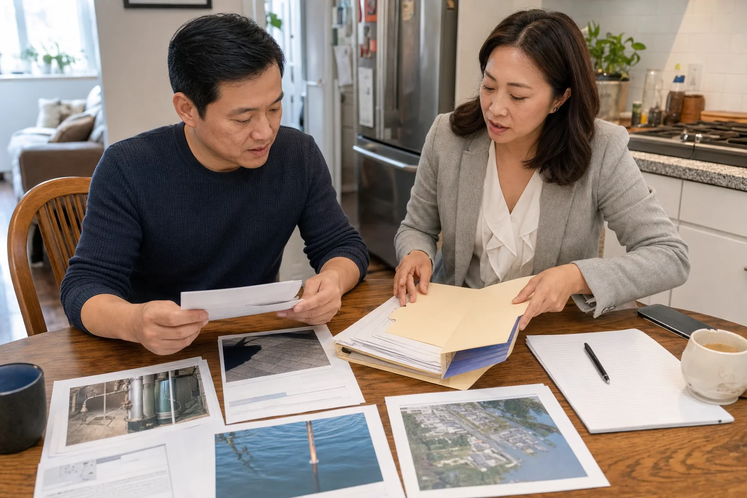 纽约屋主和经纪人在厨房桌上整理屋顶维修、许可、洪水、油罐和房屋检查资料