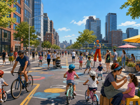 2026 LIC Summer Streets 街头嘉年华，家庭在无车街道上骑车和参加活动的原创插画