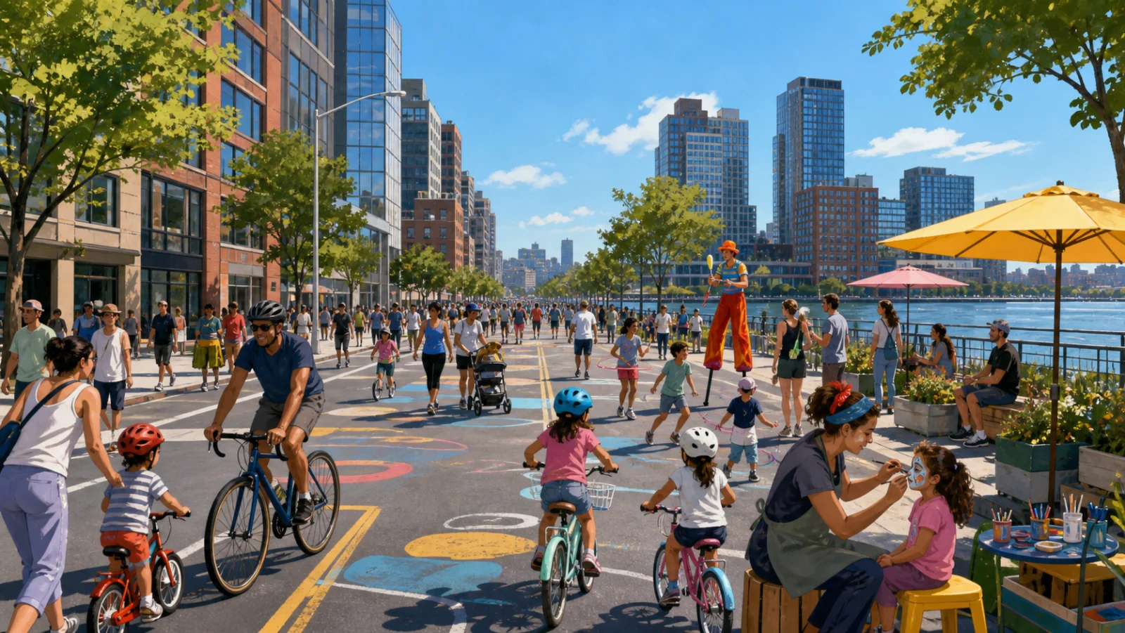 2026 LIC Summer Streets 街头嘉年华，家庭在无车街道上骑车和参加活动的原创插画
