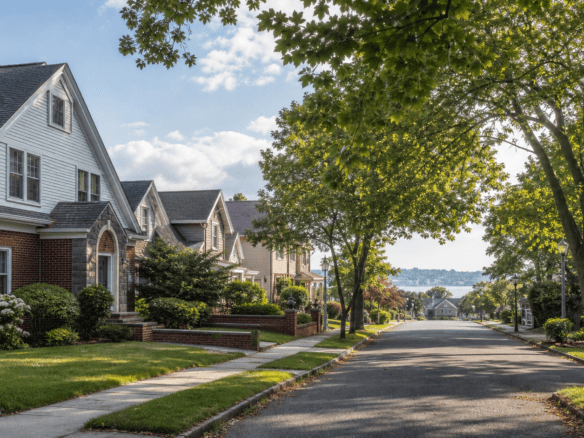 Whitestone Queens 低层住宅街区与远处水岸的 AI 示意图，不对应具体房源