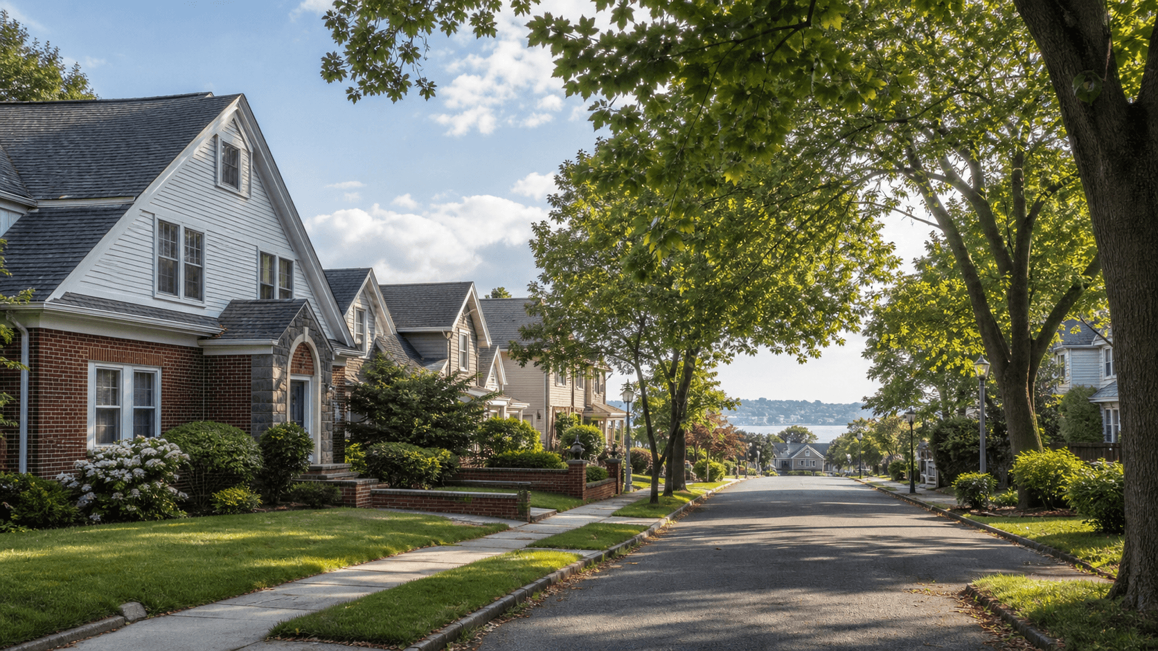 Whitestone Queens 低层住宅街区与远处水岸的 AI 示意图，不对应具体房源