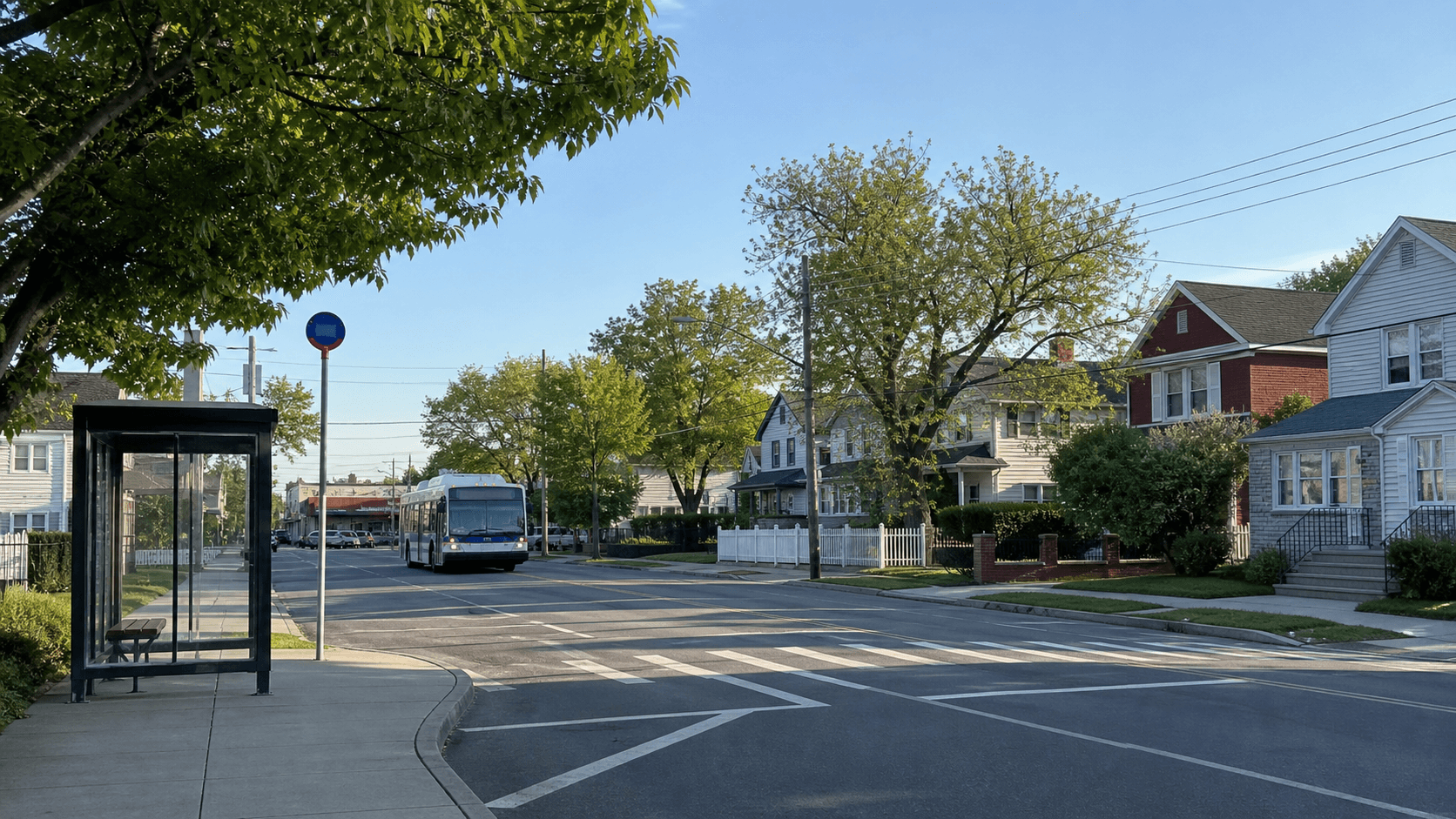 Whitestone Queens 住宅街区与公交站的 AI 示意图，不代表具体路线或班次