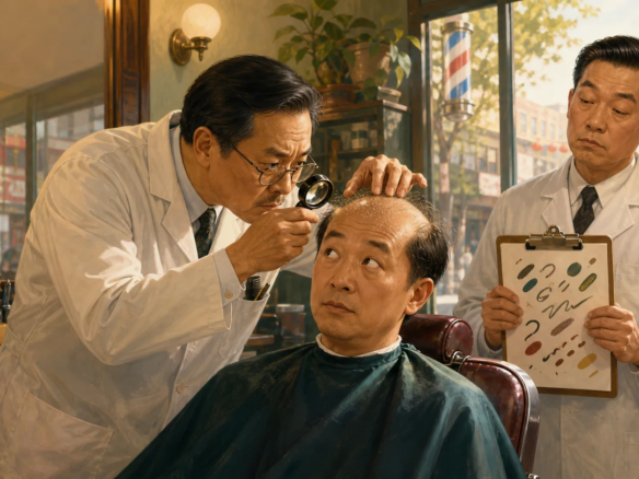 法拉盛虚构理发店里，理发师用放大镜严肃检查客人稀疏的头发，旁边助理拿着评估板