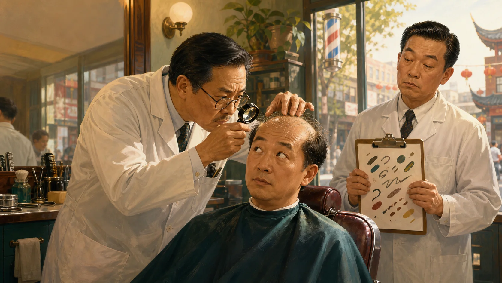 法拉盛虚构理发店里，理发师用放大镜严肃检查客人稀疏的头发，旁边助理拿着评估板