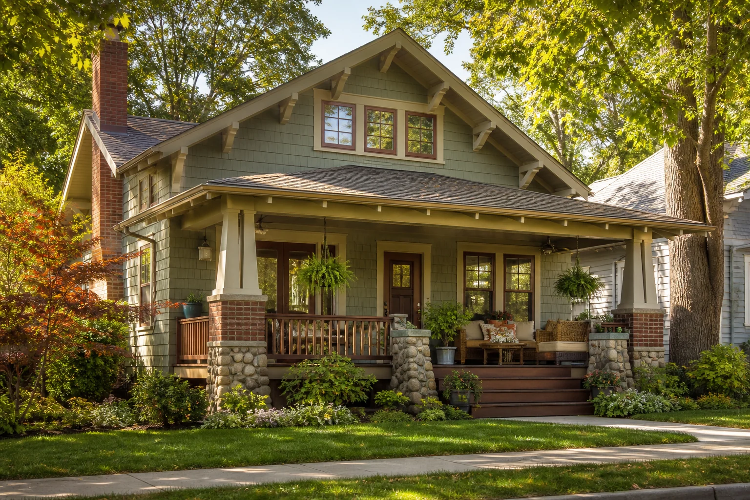 纽约或长岛树荫住宅街区一栋带宽屋檐、粗门廊柱和深前廊的Craftsman Bungalow