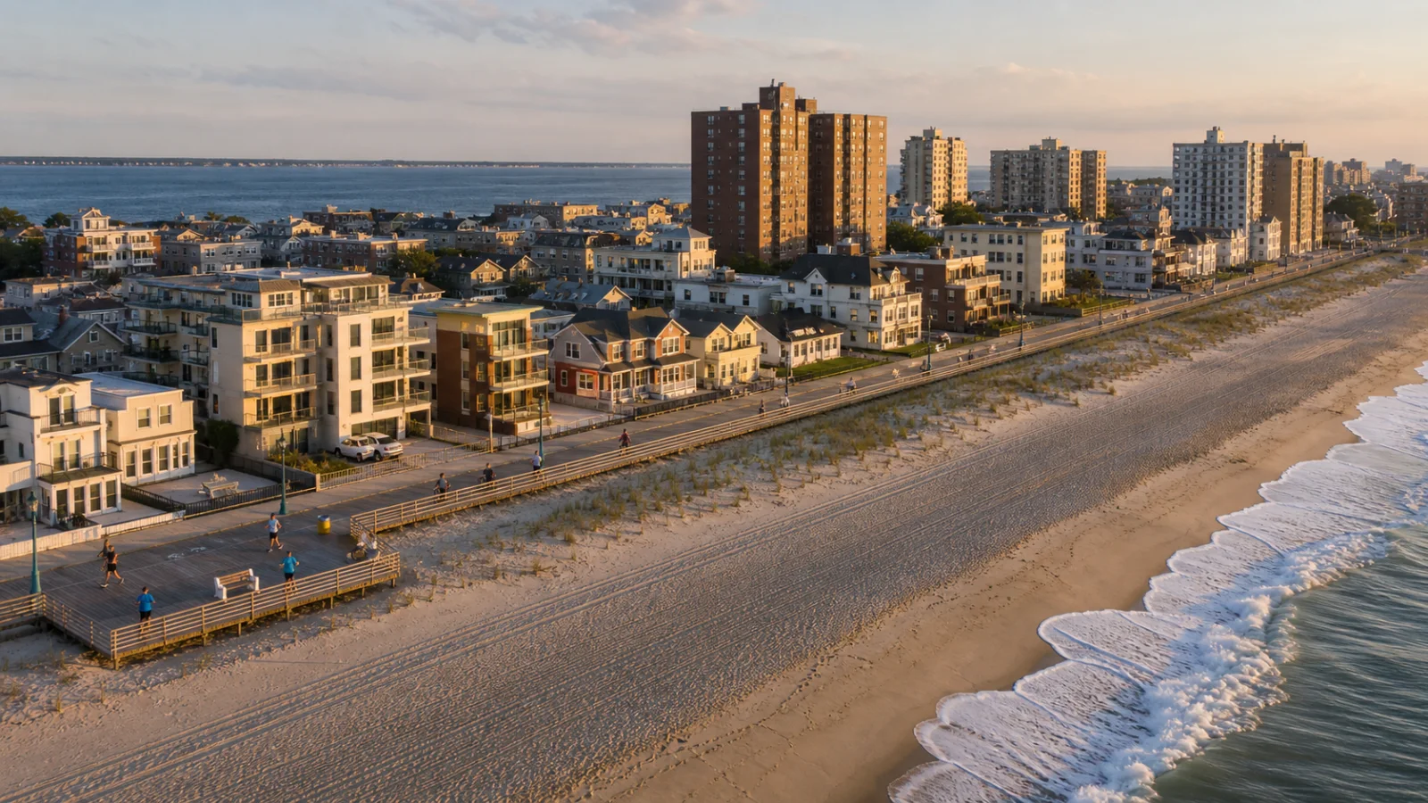 Long Beach海滩、木板路、住宅与公寓沿大西洋海岸展开