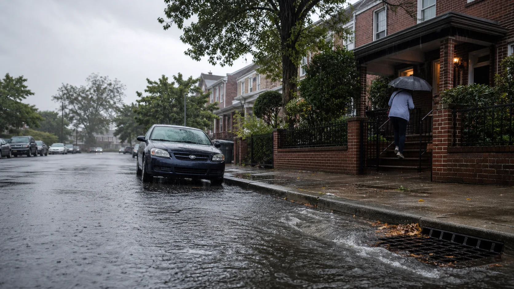 纽约皇后区住宅街道在强降雨中出现路面积水和被雨水包围的排水口