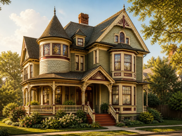 纽约住宅街区一栋带圆塔、彩窗、复杂尖屋顶和环形门廊的Queen Anne Victorian独立屋