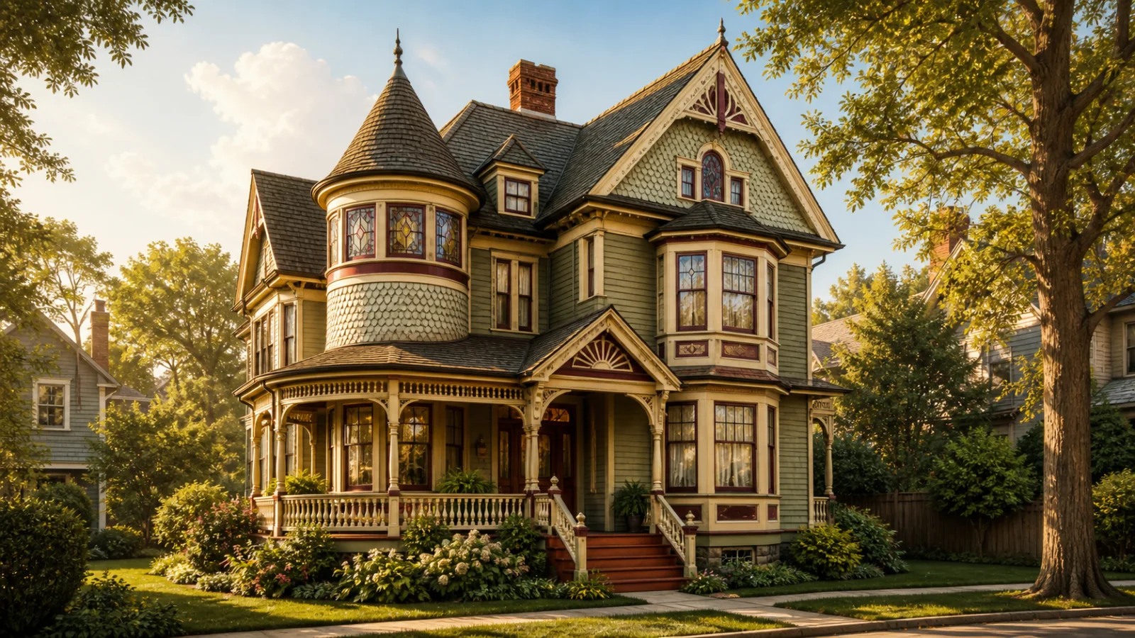纽约住宅街区一栋带圆塔、彩窗、复杂尖屋顶和环形门廊的Queen Anne Victorian独立屋