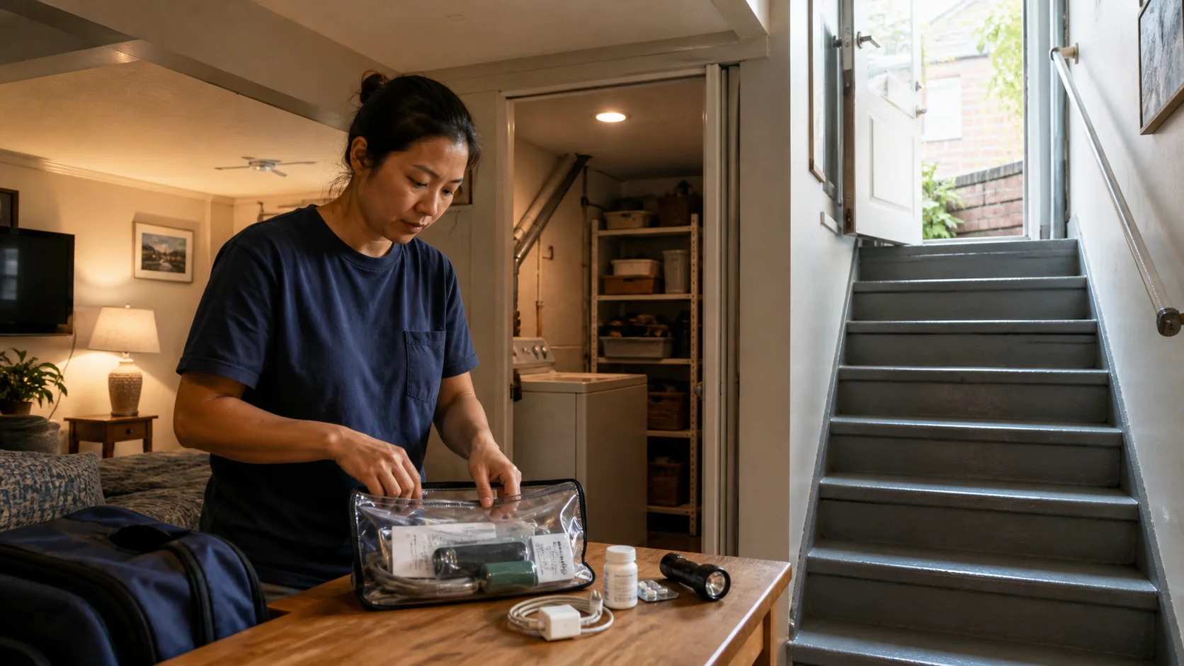 地下室住户在强降雨前把药物手电充电器和证件装入防水袋并准备从楼梯离开