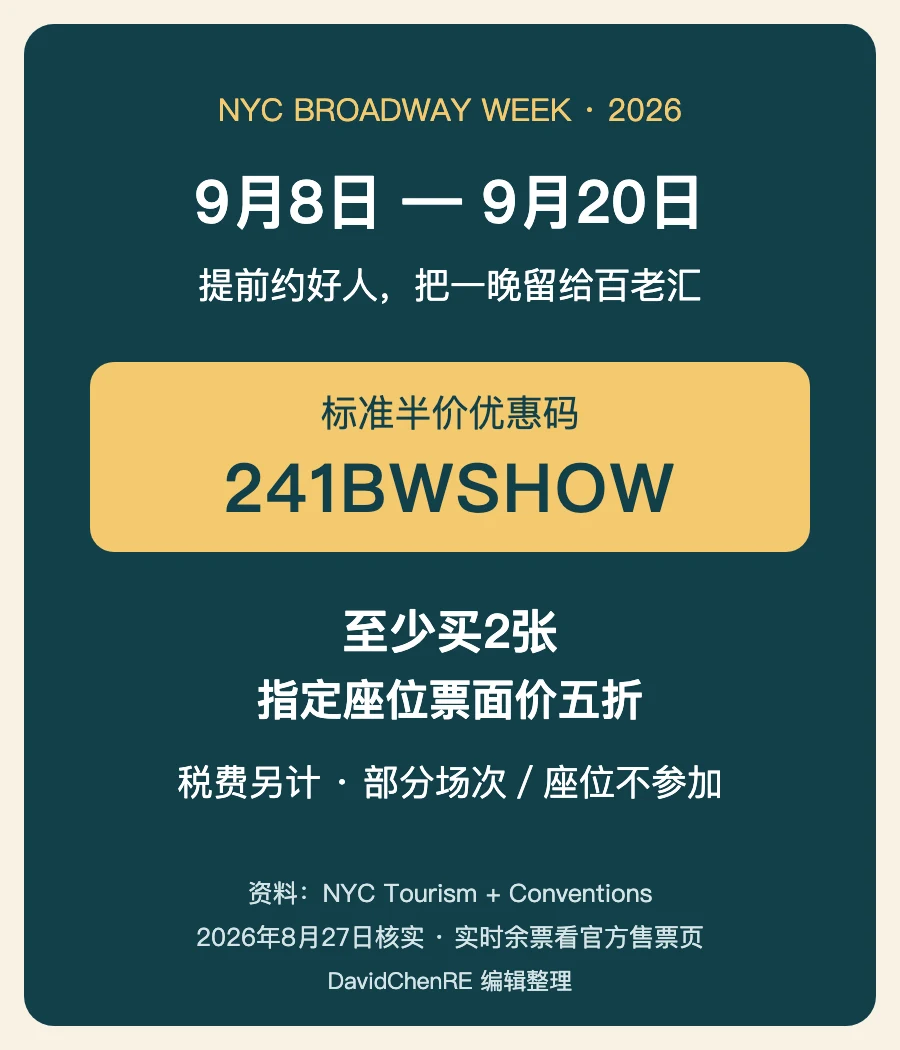2026纽约百老汇周信息图：9月8日至20日，优惠码241BWSHOW，至少两张指定座位票面价五折，税费另计