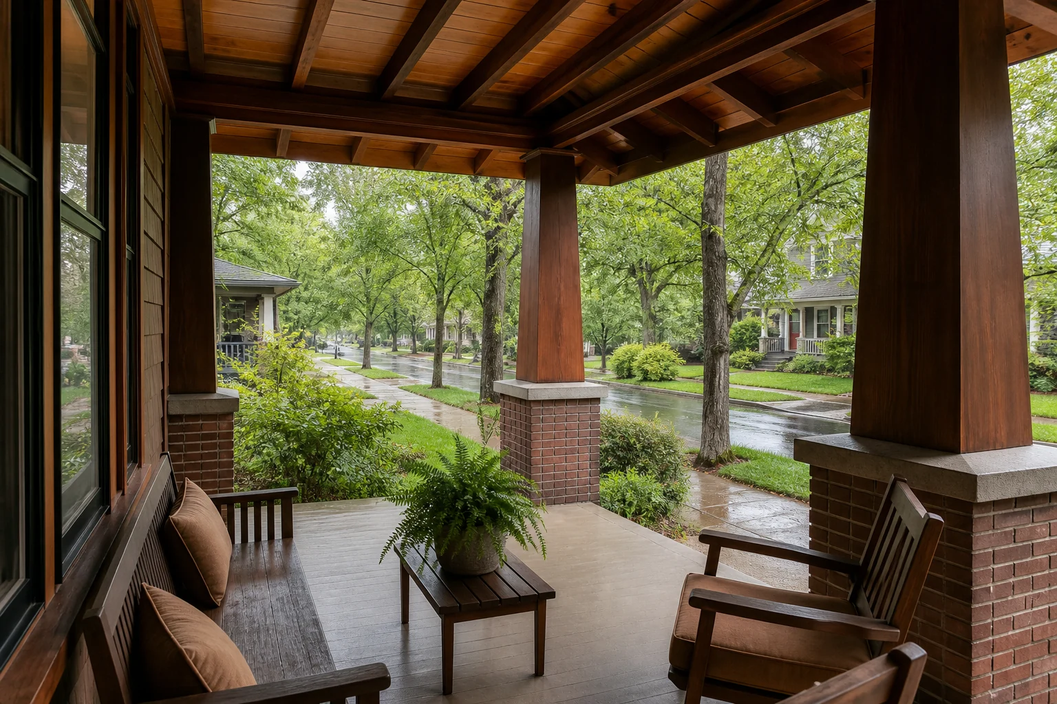 从Craftsman Bungalow深前廊向外看雨后住宅街道，木椅、长凳、粗柱和宽屋檐组成户外房间