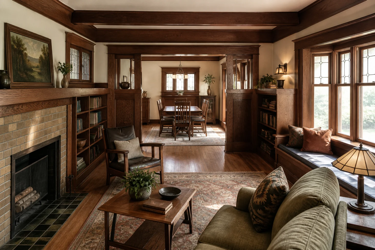 Craftsman Bungalow室内的橡木内置书柜、窗边座位、砖砌壁炉和相连客餐厅