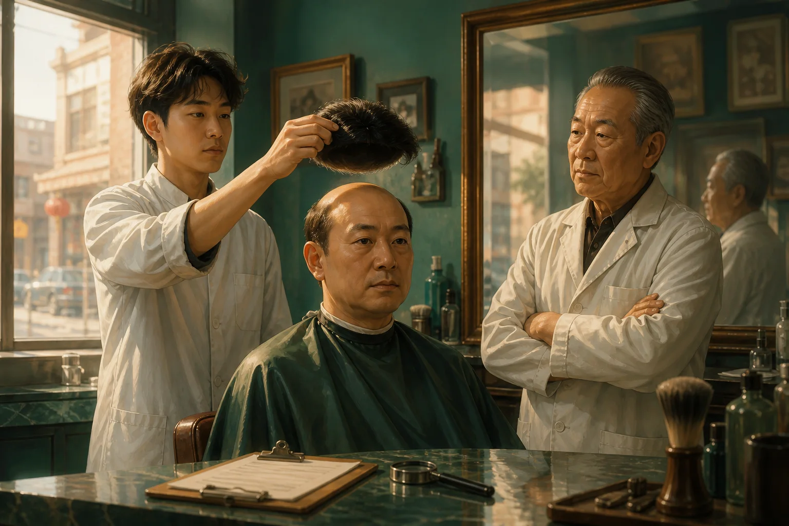 虚构理发店学徒轻轻提起客人的假发片，客人和两位理发师表情严肃地看着这一幕