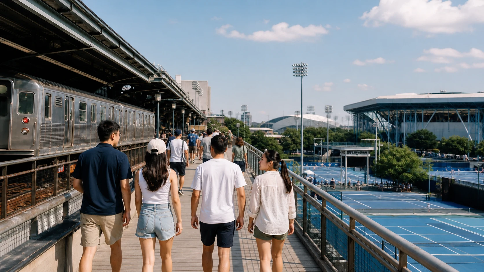 纽约家庭从地铁和长岛铁路Mets-Willets Point站步行前往网球场