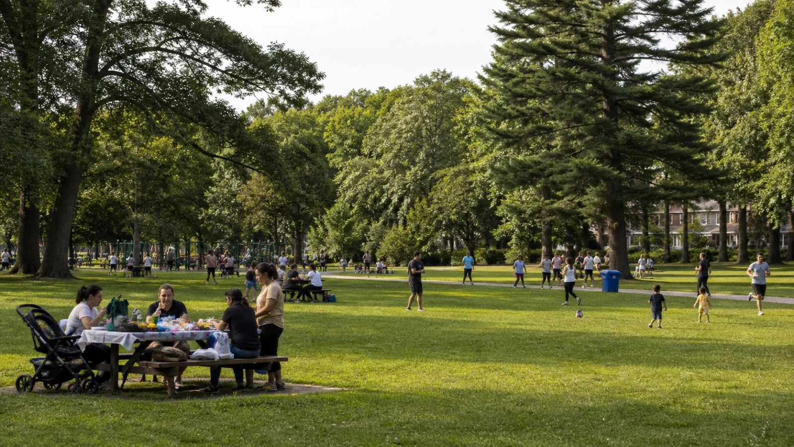 Cunningham Park风格的大草地、树林、步道、野餐与家庭活动场景