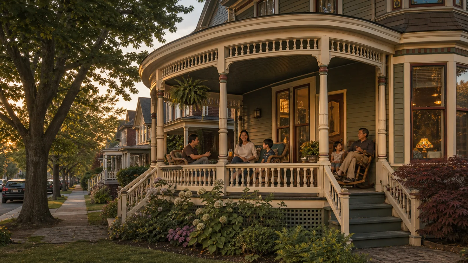 虚构华人家庭在Queen Anne Victorian环形门廊不同角落聊天、休息并观看纽约住宅街道
